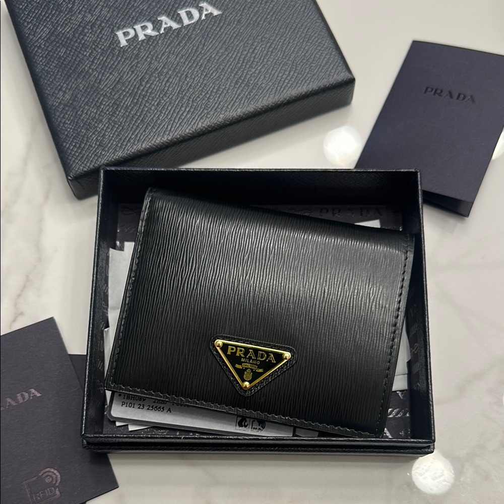 Prada Black Key Card Holder with Gold Logo